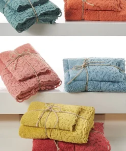 Creole Home Set Asciugamani 1+1 In Spugna Di Cotone Con Pizzo Bristol